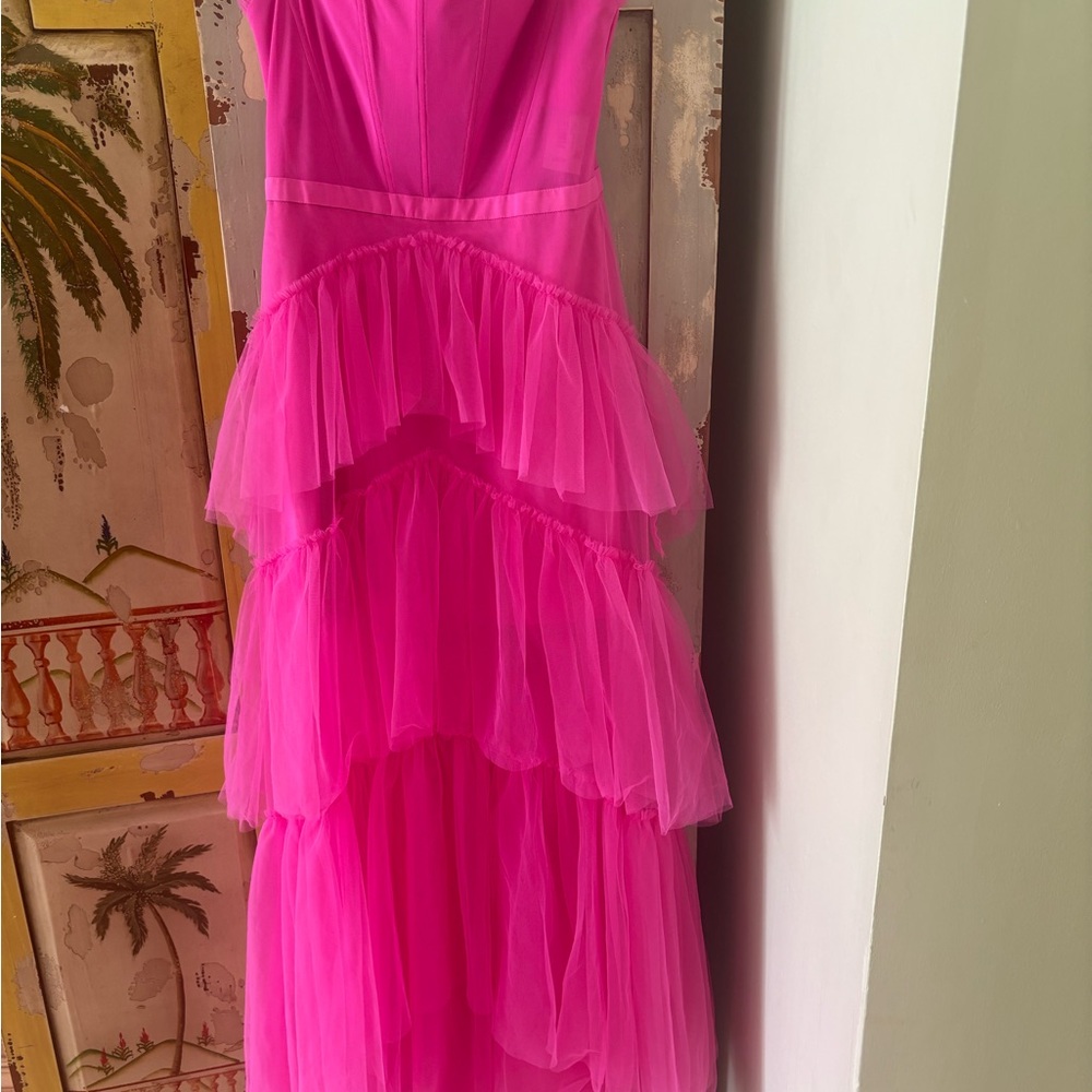 Betsy & Adam Fuchsia Tiered Gown